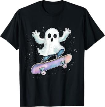 Cute Ghost On Skateboard Funny Halloween Skater T-Shirt