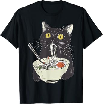 Japanese Cat Funny Cat Eating Ramen Vintage Japanese Noodles T-Shirt