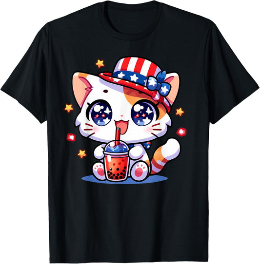 Cute 4th of July Cat Shirt Girls Kids Kawaii Anime Boba Tea T-Shirt