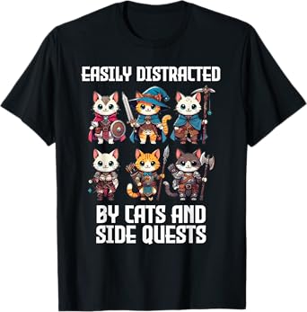 Easily Distracted By Cats And Side Quests Funny Gamer T-Shirt