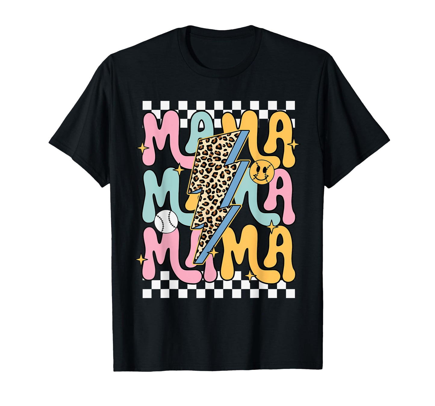 Retro MAMA Leopard Lightning Bolt Baseball Softball Smile T-Shirt