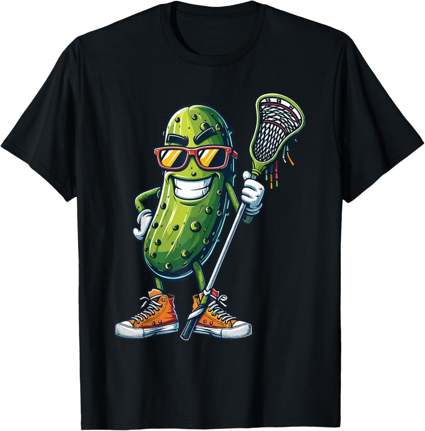 Funny Pickle Playing Lacrosse Cool Cartoon Sports Art T-Shirt
