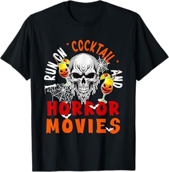 Running On Cocktail and Horror Movies Halloween Skull T-Shirt
