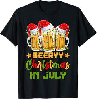 Funny Mugs Of Beer Lights Christmas In July Summer Vacation T-Shirt for Men Women