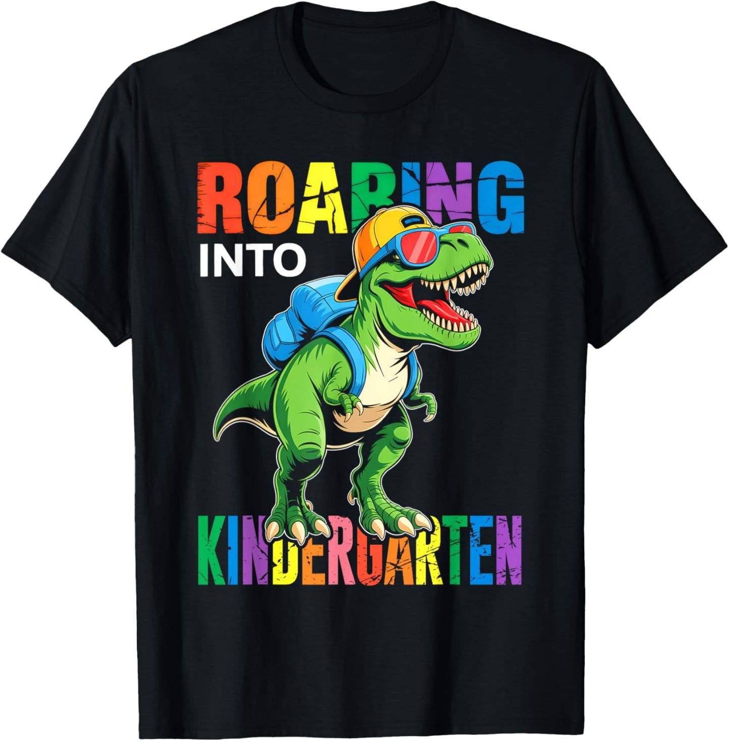Roaring Into Kindergarten T‑Rex Boys Dinosaur Back To School Tee by TeeBrew