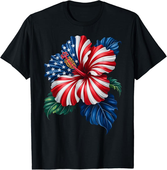 American Flag Hibiscus Flower Patriotic Floral 4th Of July T-shirt