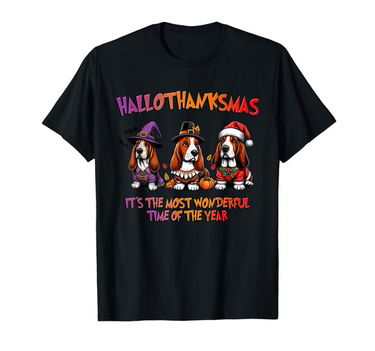 Basset Hound Halloween Thanksgiving Christmas Men Women Kid T-Shirt