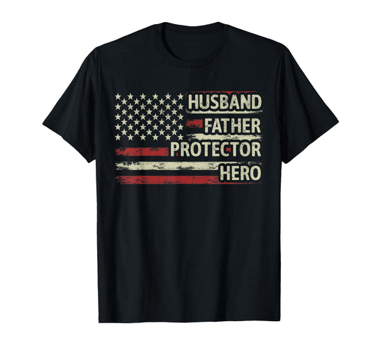 Mens Husband Father Protector Hero Dad American Flag Fathers Day T-Shirt
