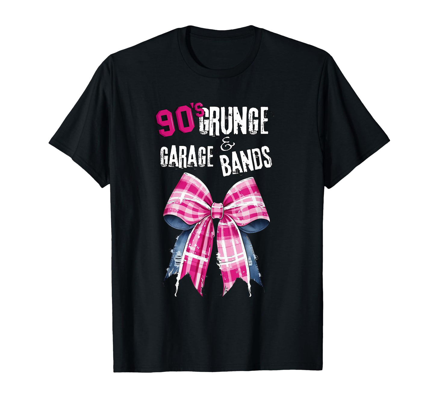 90s t s, Grunge & Garage Bands-Pink Plaid Bow Vintage Music T-Shirt