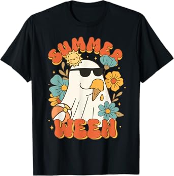 Summerween Ghost Ice Cream Cute Funny Halloween Beach Design T-Shirt