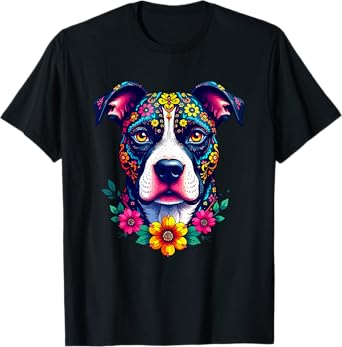 Mexican Sugar Skull Pitbull Dog Dia de Muertos Halloween Day T-Shirt