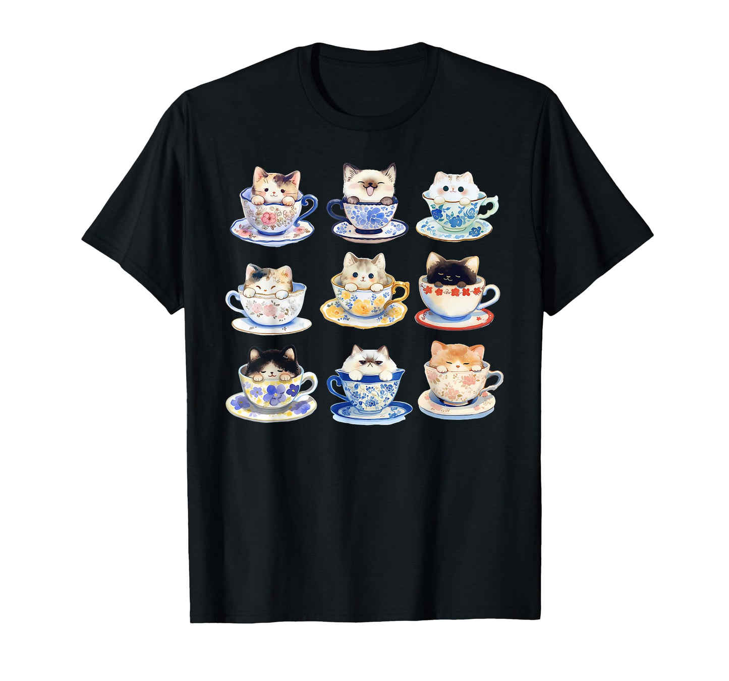 Watercolor Cute Kitten On Teacups Cat Lover Aesthetic Floral T-Shirt
