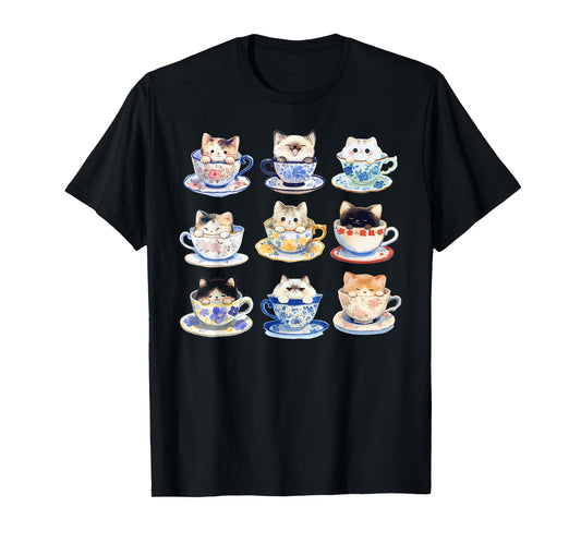 Watercolor Cute Kitten On Teacups Cat Lover Aesthetic Floral T-Shirt