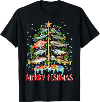 Merry Fishmas Funny Christmas Tree Lights Fish Fishing Rod T-Shirt