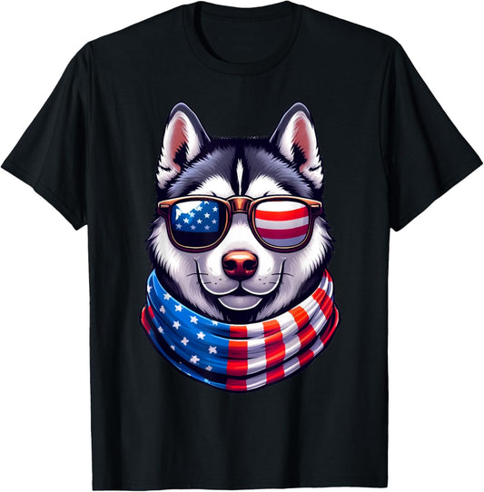 Siberian Husky USA Flag Sunglasses 4th of July Patriotic Dog T-Shirt