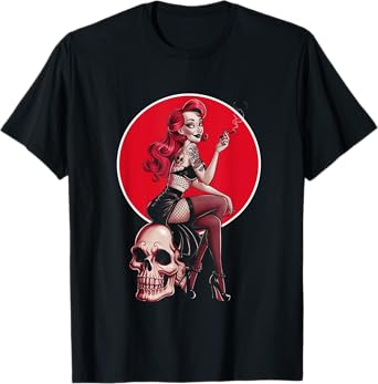 Tattoo Goth Pin-up Girl with Skull Vintage Horror Rockabilly T-Shirt
