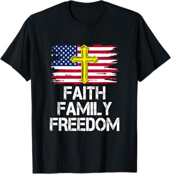 Faith Family Freedom - American Flag and Cross - Distressed T-Shirt for Women Kids Men