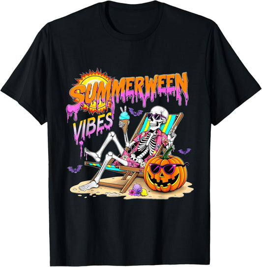 Summerween Vibes Skeleton Pumpkin Spooky Vacation T-shirt
