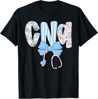Coquette CNA Nurse Blue Floral Stethoscope Bow Cute Nurse T-Shirt