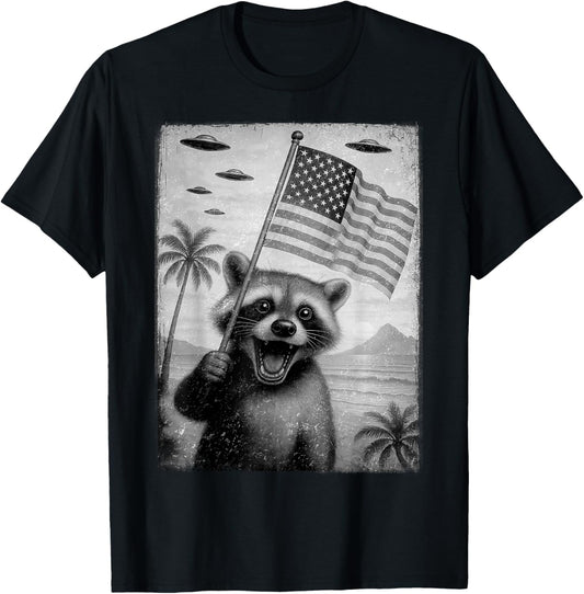 Funny Racoon Selfie with UFOs Meme 4th Of July Shirt Men Kid T-Shirt