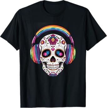 Sugar Skull Headphones Day of Dead Halloween Dia De Muertos T-Shirt