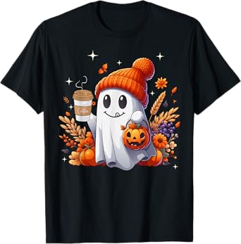 Men Women Autumn Cute Ghost Drinking Coffee Spooky Halloween T-Shirt
