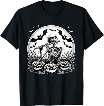 Funny Flute Skeleton Flutist Halloween Mens Womens Kids T-Shirt
