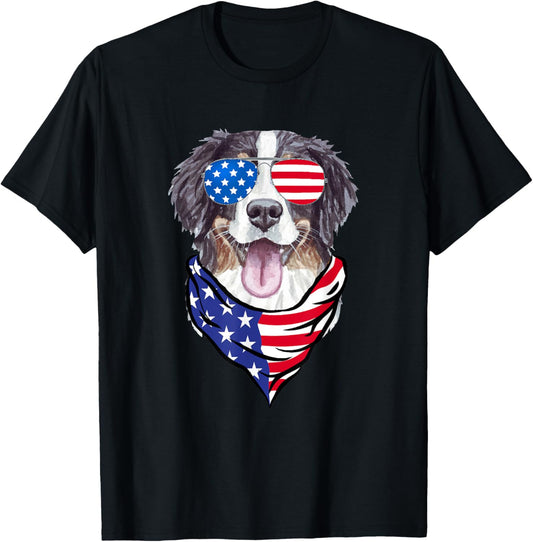 Bernese Mountain Dog American Flag Glasses 4th of July T-Shirt,Black,Small
