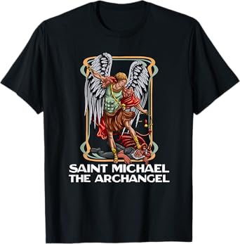 Modern Day Catholic Designs Saint Michael The Archangel Catholic T-Shirt - Black, X-Small, Unisex-Adults, Short Sleeve, Crew Neck, Regular Fit, Cotton 50% Polyester 50%