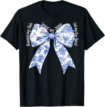Blessed By God Loved By Jesus Blue Toile Coquette Bow T-Shirt