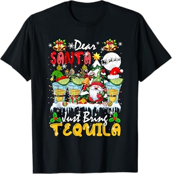 Just Bring Tequila Christmas Three Santa Elf Tequila Glasses T-Shirt