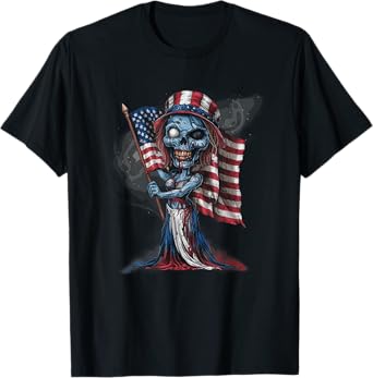 Patriotic Skeleton Halloween American Flag Gothic Horror T-Shirt