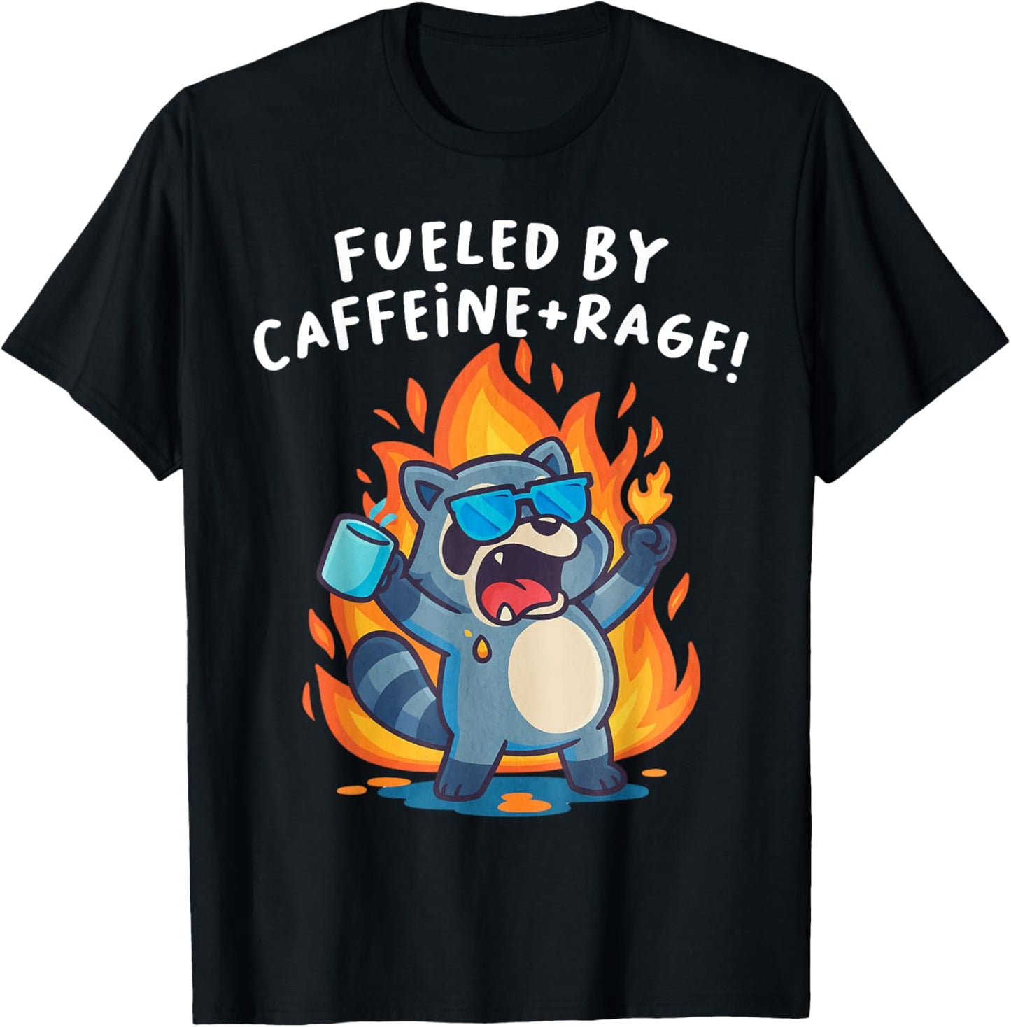 Fueled by Caffeine and Rage Raccoon Funny Angry Coffee Art T-Shirt