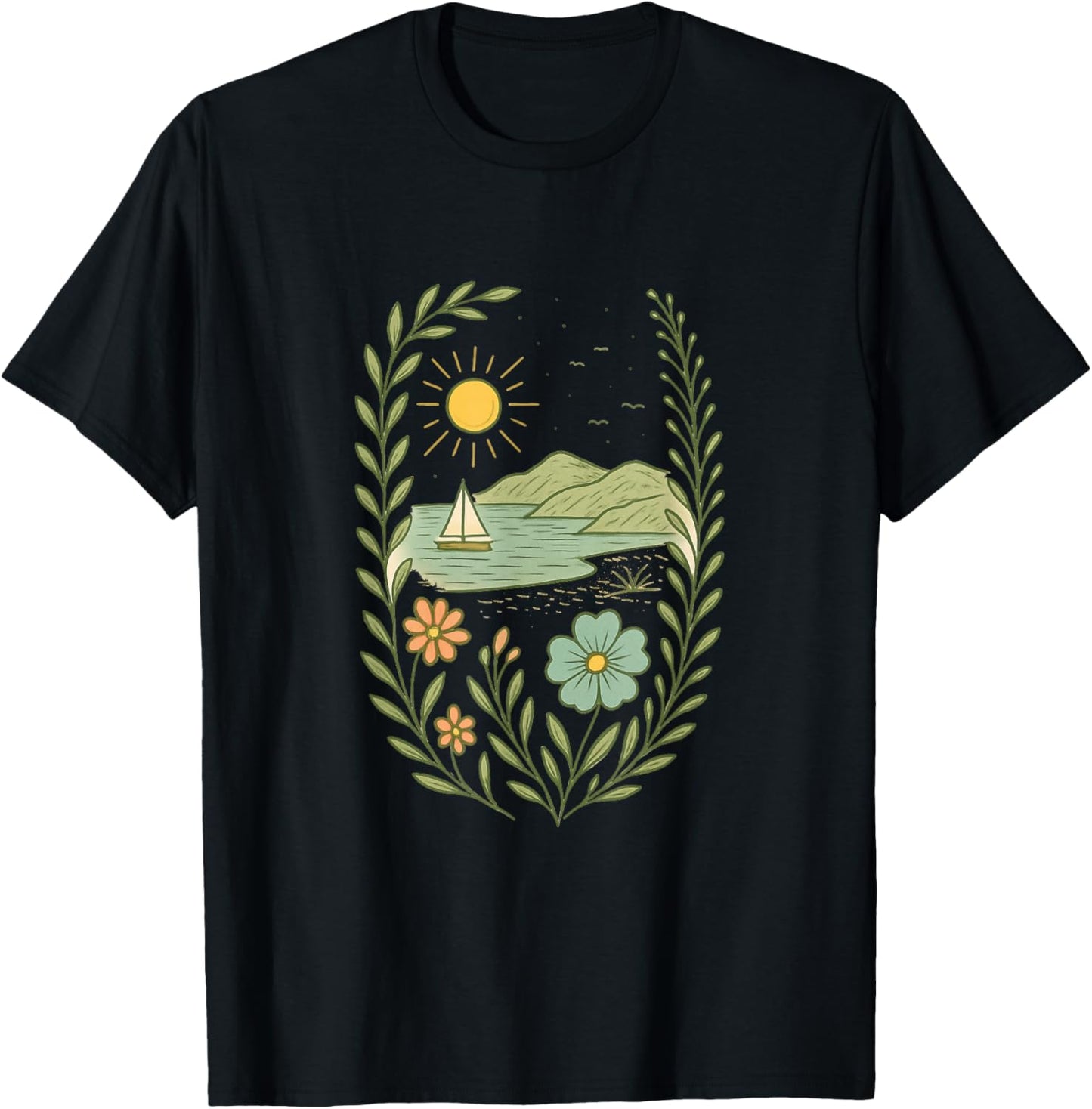 Sailboat beach retro boho floral graphic - Summer Nature T-Shirt