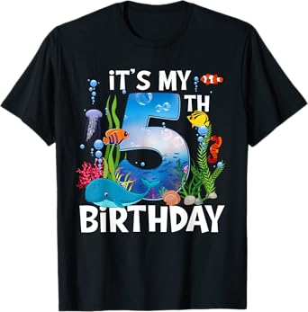 Kids 5 Year Old Ocean Life Whale Dolphin Shark 5th Birthday T-Shirt