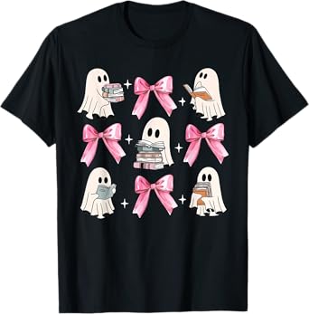 Little Pink Bow Ghost Reading Books Halloween Coquette Book T-Shirt