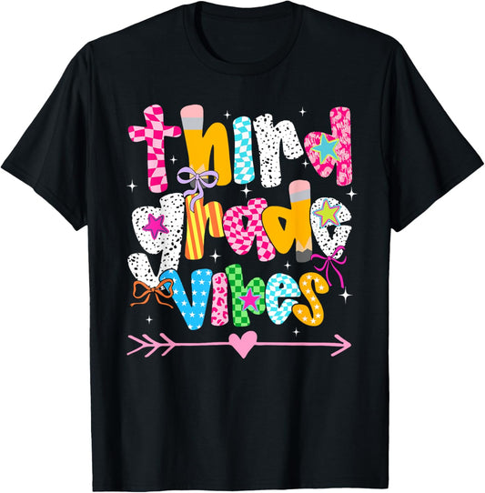 Back To School Groovy Teacher Third Grade Vibes Smile Face T-Shirt