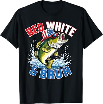 Boys Fishing Red White and Bruh Patriotic Bass Fishing USA T-Shirt