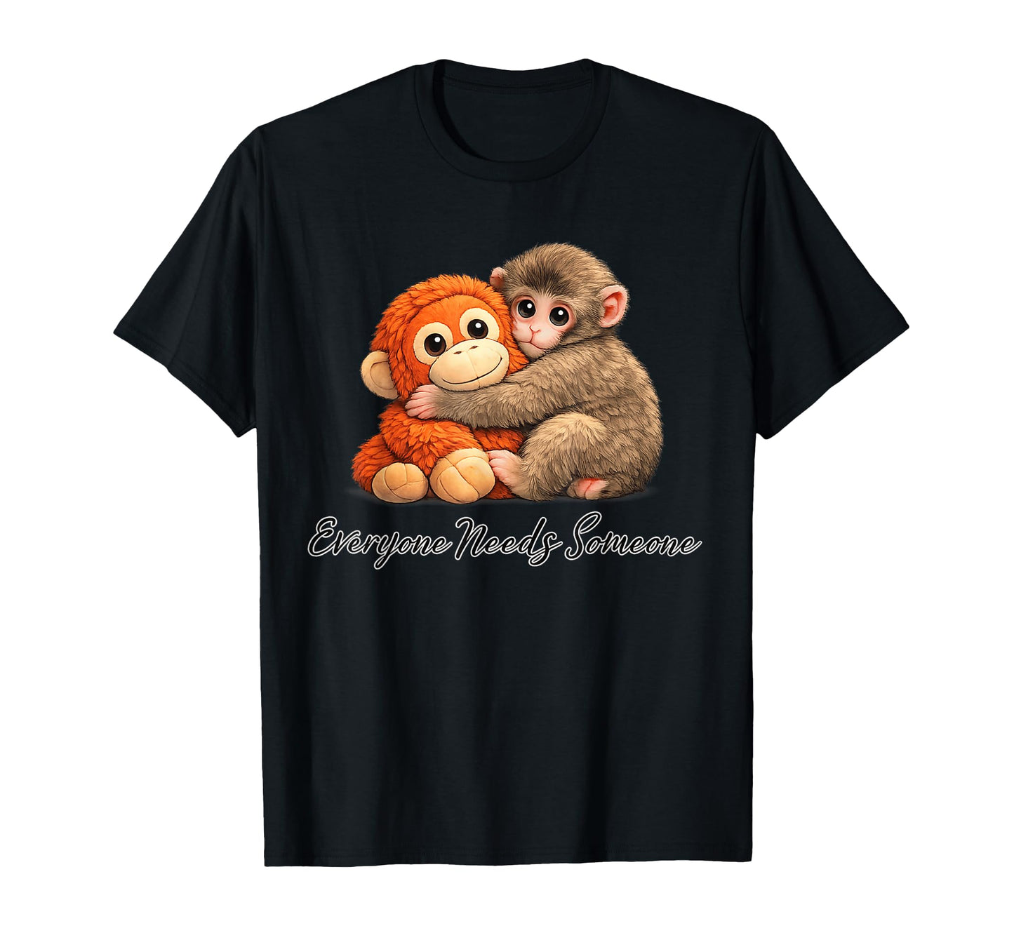 Cute Baby Monkey Punch Plush Hugging T-Shirt - T-Shirt | Black