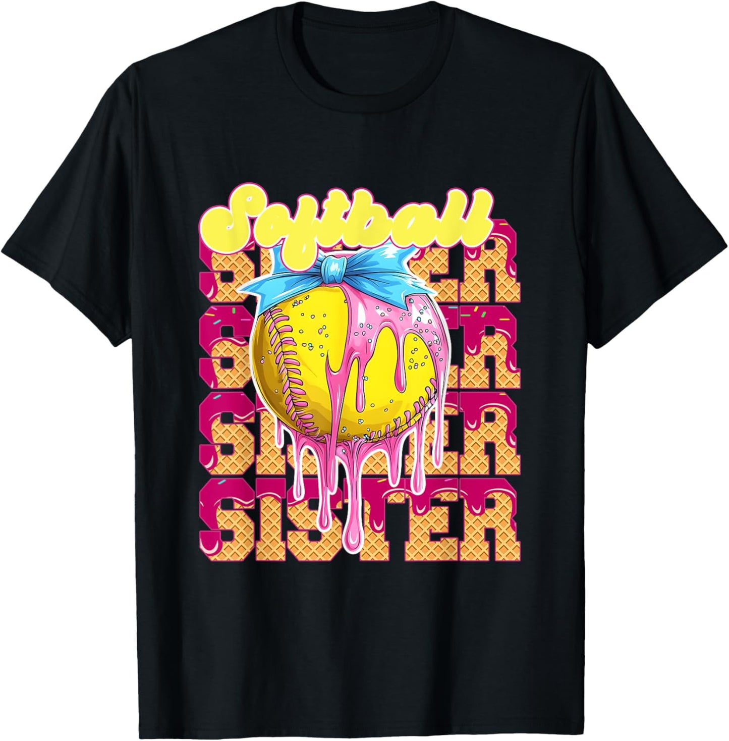 Softball Sister Ice Cream Drip Game Day Girl Bow Lil Sister T-Shirt