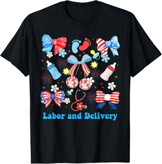 Labor Delivery Nurse 4th Of July Coquette Bow Independence T-shirt