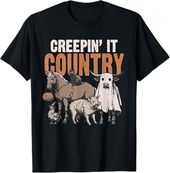 Creepin' It Country Halloween Farm Animal Cow Black Cat Pig T-Shirt