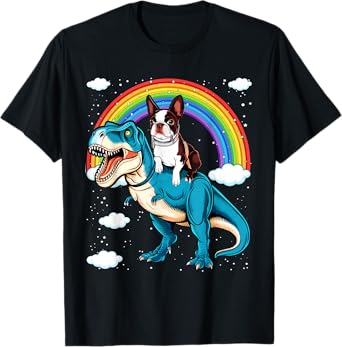 Boston Terrier Riding Dinosaur T-rex Boys Kids Rainbow T-Shirt