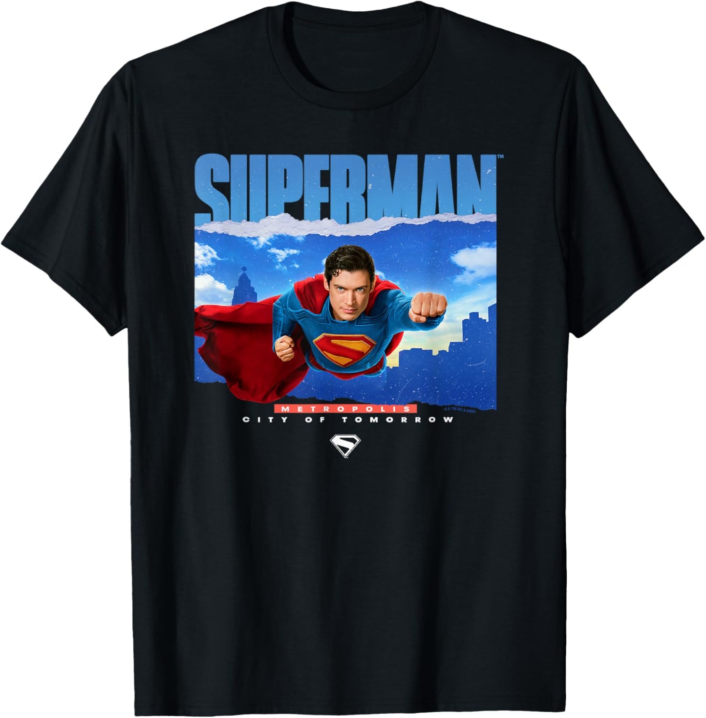 Superman (2025) Flying Over Metropolis Ripped Poster T-Shirt