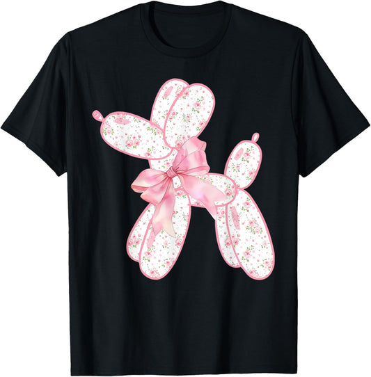 Balloon Dog Floral Pink Coquette Bow Women Kids Dog Lover T-Shirt
