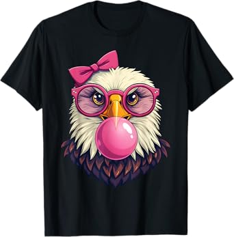 Cute Girl Bald Eagle Glasses Pink Bow Bubble Gum Eagle Lover T-Shirt