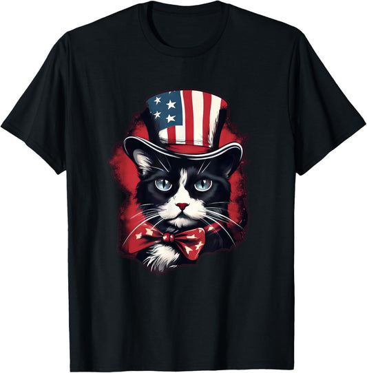 Purr-oud A-Meow-iCan Tuxedo Cat 4th Fourth July Patriotic T-Shirt