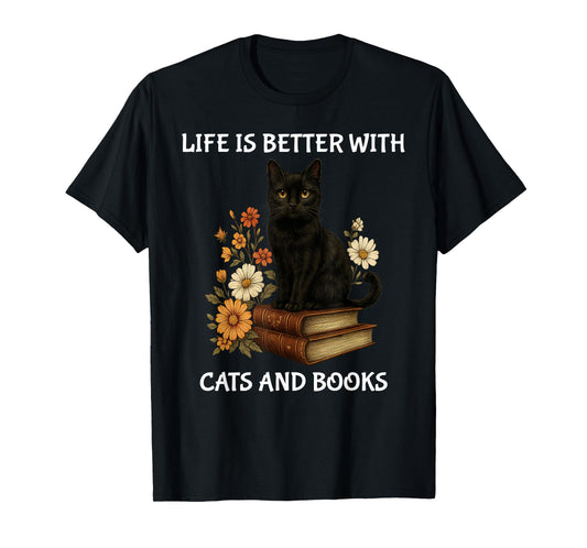 Life Is Better With Cats And Books Cute Cat Lover T-Shirt for Men Women Kids