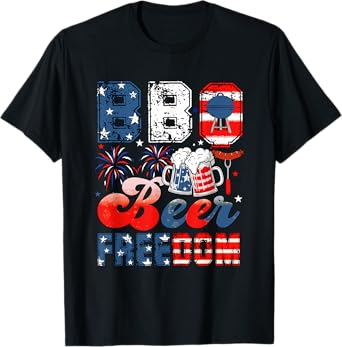 BBQ Beer Freedom 4th Of July US Flag Funny Drinker Patriotic T-Shirt