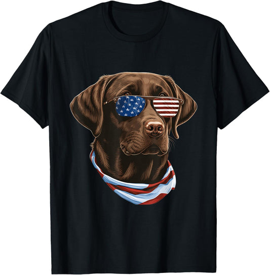 Chocolate Labrador With USA Sunglasses And Flag T-Shirt